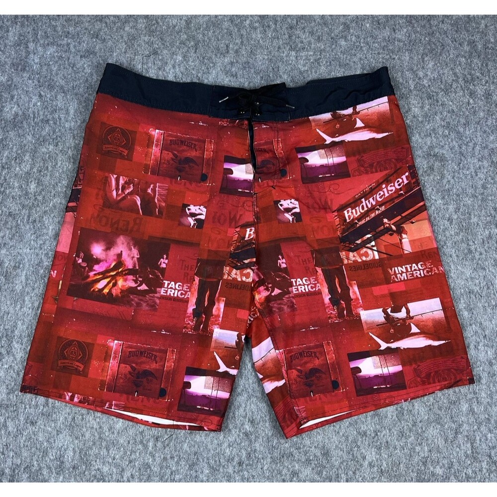 Budweiser Men's Board Shorts Swim Trunks Red 10" Inseam Beer Tie Front Sz 40-42